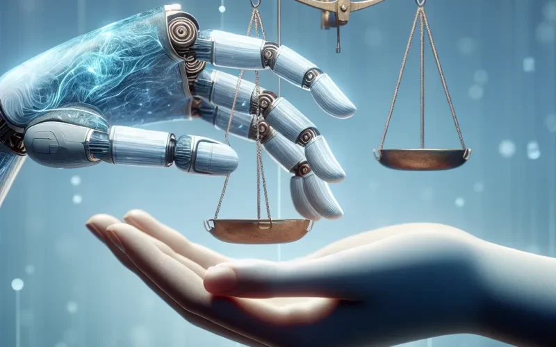 "صورة توضيحية تُظهر الرموز والأفكار المتعلقة بالاعتبارات الأخلاقية في تطوير وتطبيق الذكاء الاصطناعي، مع التركيز على التوازن بين الابتكار المسؤول والآثار الاجتماعية".