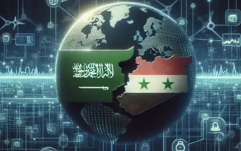 "صورة توضح تأثير تجربة السعودية في إعادة الإعمار الرقمي على خريطة الإنترنت الإقليمية في سورية، مع تركيز على الابتكارات التكنولوجية والبنية التحتية الرقمية."