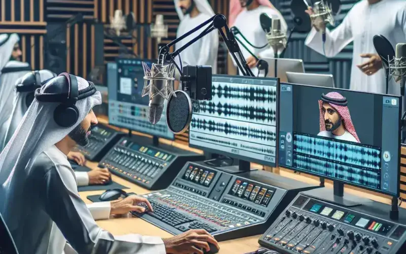 Alt text: "استوديوهات محتوى عربية تستخدم تقنيات دبلجة آلية متعددة اللهجات لإنتاج فيديو قصير تعكس التنوع الثقافي واللغوي في المنطقة."